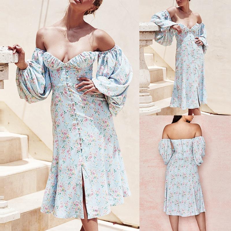 

Elegant Dress Women Casual Vintage Puff Sleeve Dress Korean Fashion Floral Off Shoulder Button Dresses, Blue