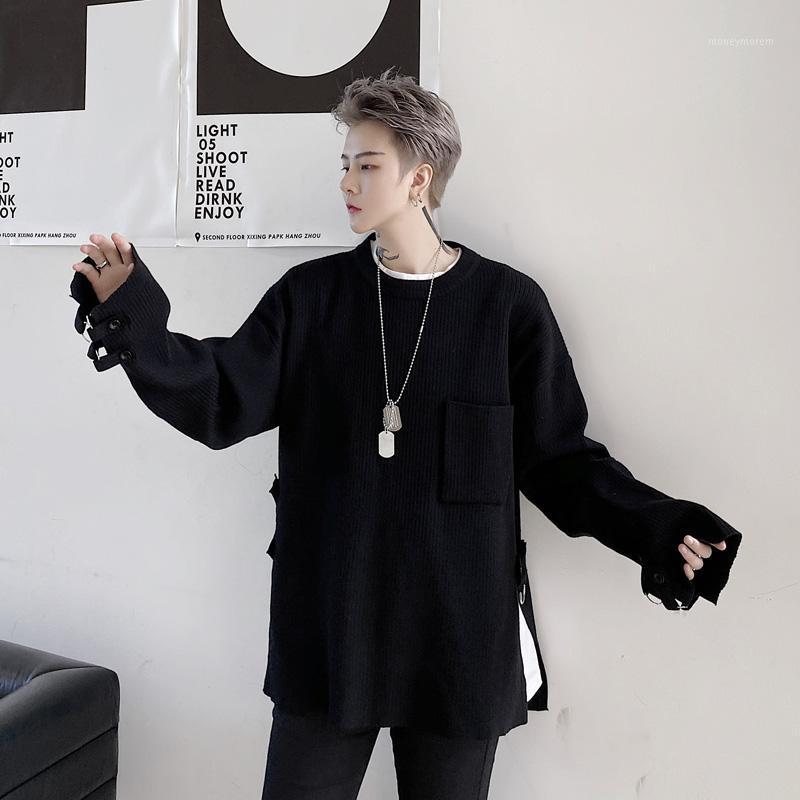 

Male Women Couple Knitted Streetwear Hip Hop Sweater Men Side Slit Metal Button Decoration Long Sleeve Pullover Sweater1, Kk1549 black
