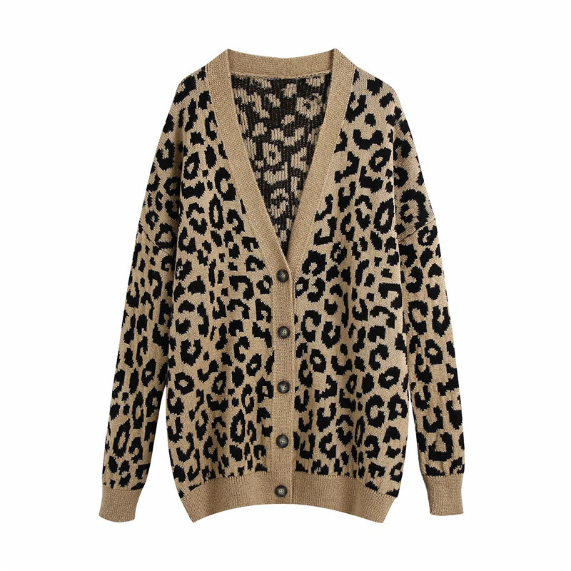 

New Leopard Print Knitted Woman Winter 2021 Vintage v Neck Long Sleeve Button-down Cardigan Sweater Female Coat Symq, Khaki