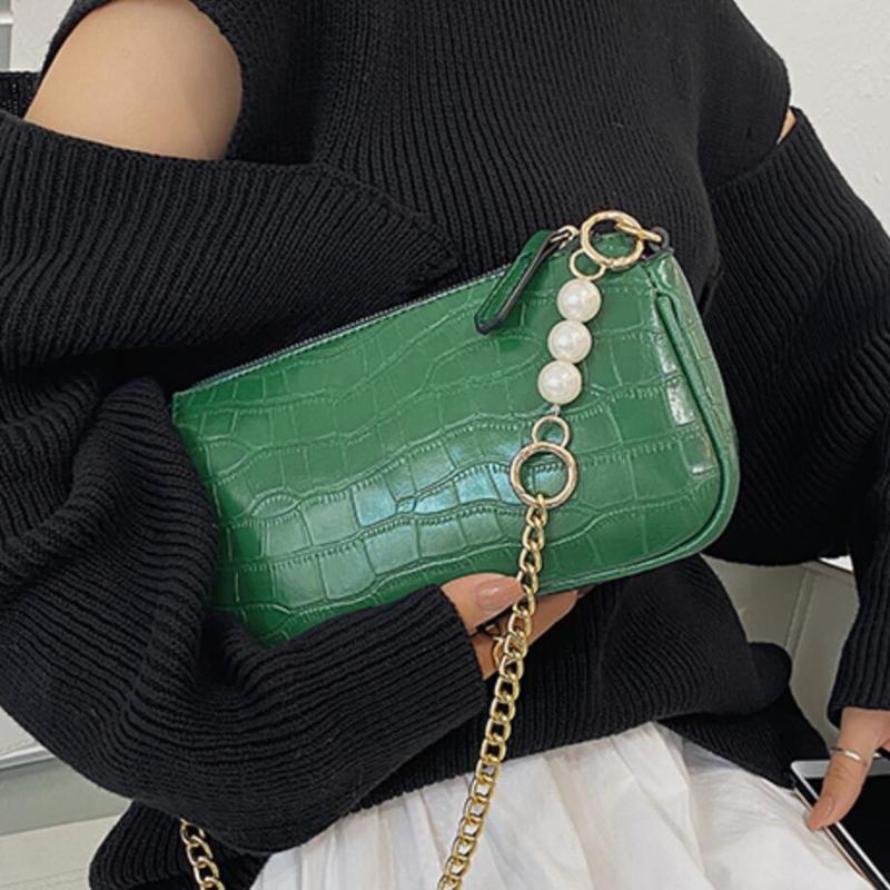 

Crocodile pattern Square Armpit bag 2021 New High quality PU Leather Women's Designer Handbag Pearl Chain Shoulder Messenger Bag, Black