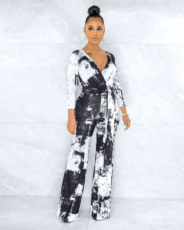 

Womens Long Sleeve Printed V-neckline With Belt Fashion Casual Wide Leg Jumpsuit, White