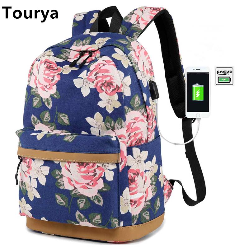 

Tourya Canvas Women Backpack Floral Printing USB charging School Bags For Teenagers Girls Large Capacity Travel Laptop Bagpack, Black