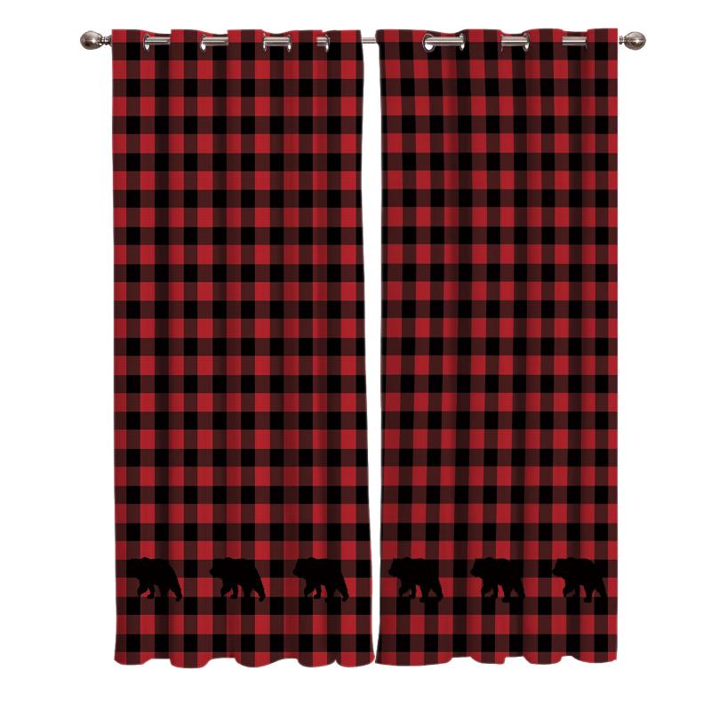 

Red Black Plaid Bear Window Curtains Living Room Kids Room Decor Print Window Treatment Ideas Party Home Decor Drapes, As pic