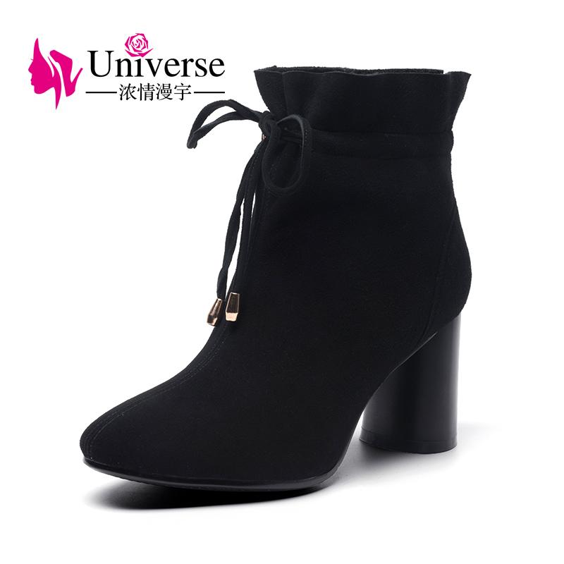 

Universe stylish lace up winter boots for women chunky heel shoes black suede leather women boots G387