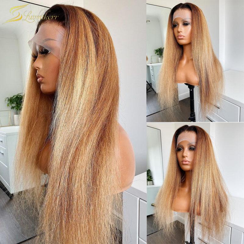 

Honey Blonde Yaki Straight Ombre Colored Human Hair Wig Kinky Straight Highlight 13X6 Lace Front Wigs For Black Women Preplucked, As pic