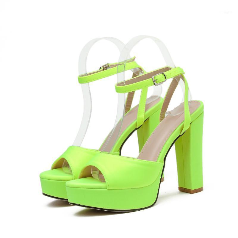 

Magazine's same women's shoes fluorescent thick heel high word fish mouth sandals Net red explosion1, Light green