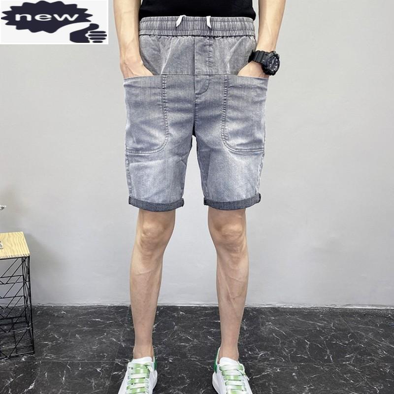 

Summer Mens Denim Elastic Waist Pockets Casual Knee Length Beach Shorts Slim Fit Streetwear Short Trousers Big Size Jeans