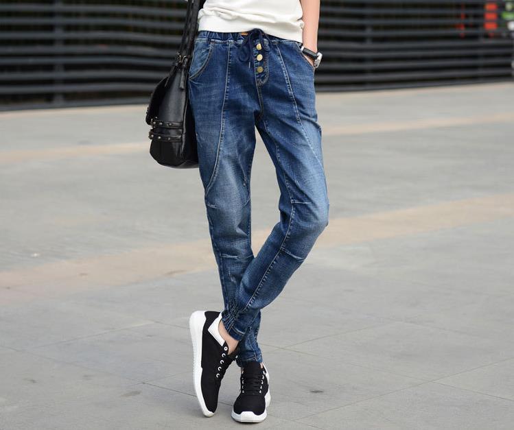 

Girls Version Long-sized Jeans Women Elastic Waist Long Harem Pants N34m, Blue