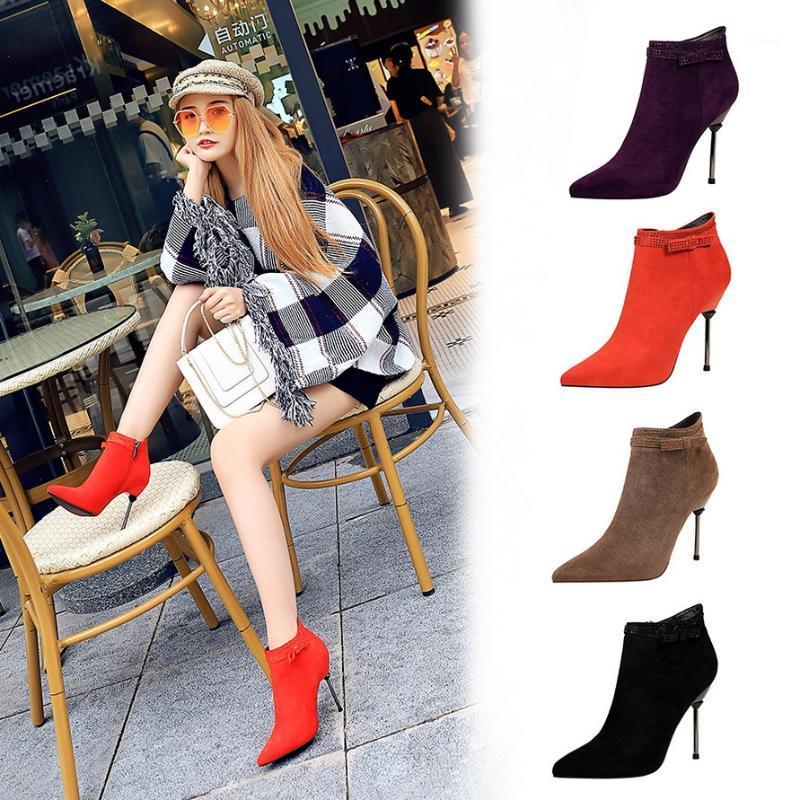 

High Heel Womens Shoes Fashion Banquet Short Boots 11cm Thin Heeled Suede Pointed Rhinestone Sexy Slim Women Winter Ankle Boots1, Purple