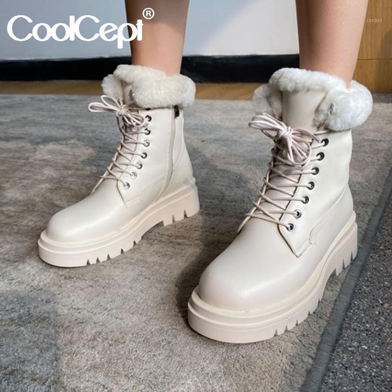 

Coolcept Women Snow Boots Fashion Platform Warm Fur Hot Winter Shoes Woman Thick Fur Short Boot Cross Strap Footwear Size 34-431, Black