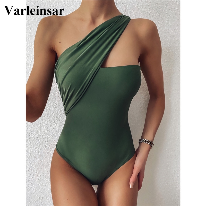 

Sexy Asymmetrical One Shoulder Green One Piece Swimsuit Women Swimwear Female Padded Bather Bathing Suit Swim Lady V2152 Y200824, Wine red