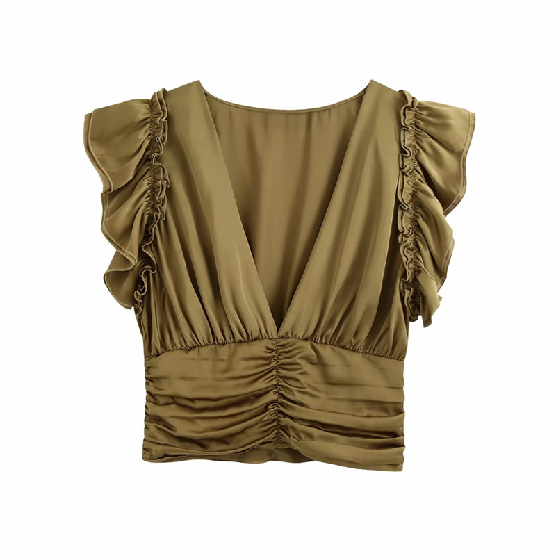 

2021 New Tops Women Vintage V-neck Cascading Ruffles Trims Sleeveless Cropped Blouse Fashion Pleated Hems Backzipper Chic Top 9bon, Brown