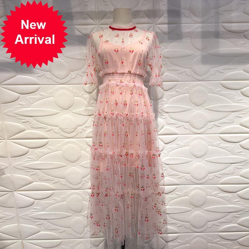 

2021 New Designer Branded Runway New Floral Rose Mesh Sexy Dress Long Summer Slipdress Vacation Party Clothes I8ts, Blue