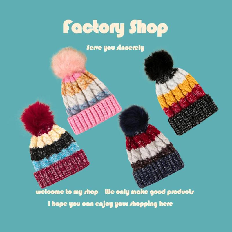 

Warm Ladies Woolen Hat Korean Fashion Wild Autumn And Winter Color Matching Striped Knitted Hat Outdoor Cold Woolen, Pink