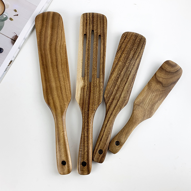 

2021 New 4pcs/set Non-stick Pot Thai Teak Wooden Long-handled Solid Wood Kitchen Tableware Spatula Set J4cc