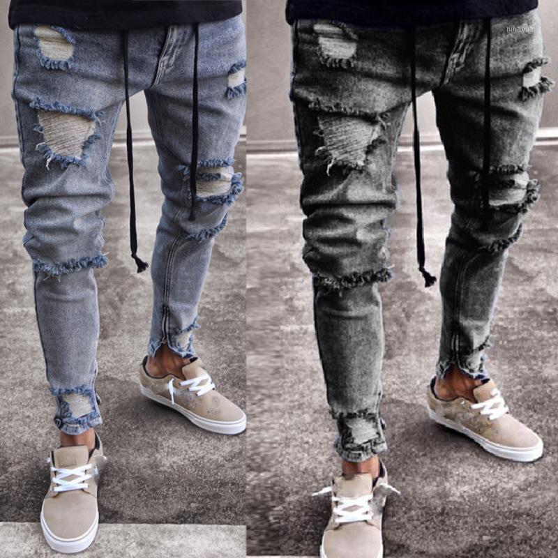 

European and American fashion jeans for men' new grey perforated elastic zipper men' Leggings Pencil pants1, Blue