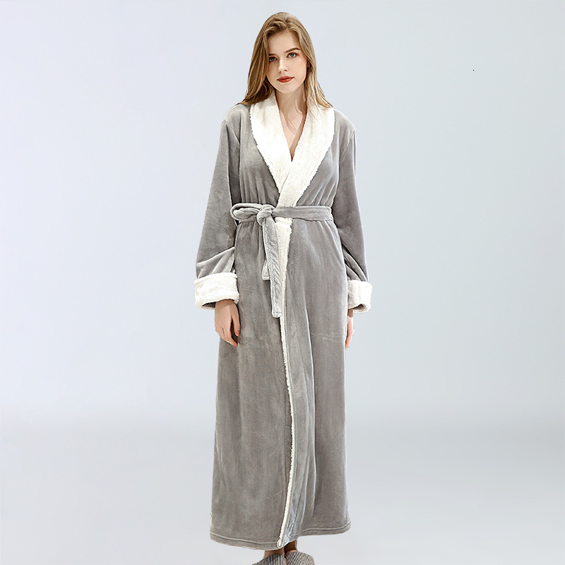 

2021 New More Size Long Winter Nightshirts Solid Female Flannel Bathrobes Thicken v Neck Length with Pyjama Belts Qdpj, Coffee