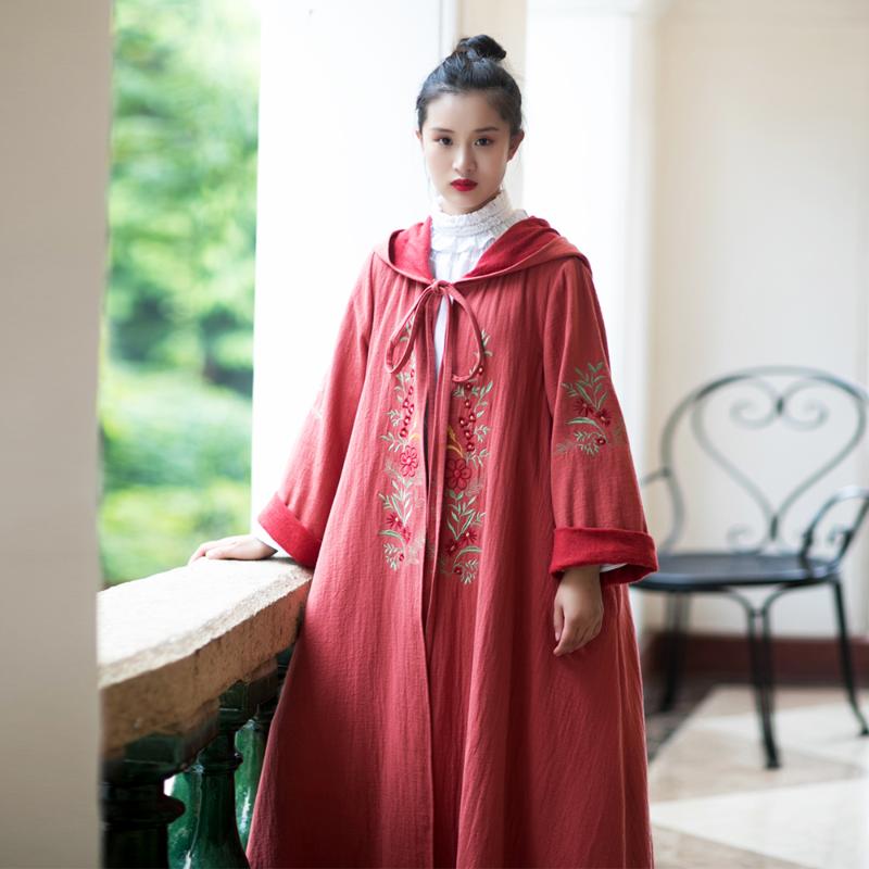 

MM175 Original Design new arrivals autumn 2020 loose long sleeve embroidered linen x long hooded trench coat women outwear, Red