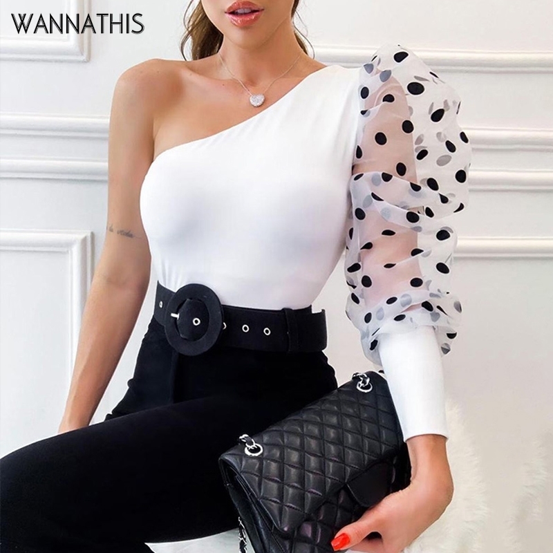 

WannaThis Puff Sleeve Patchwork Dot Print Women Blouse Elegant Sexy One-Sleeve Skew Neck Off Shoulder Slim Fashion Spring New 201201, White