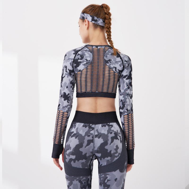 

2 Pieces Camouflage Yoga Set Back Hollow Out Sportswear Female Fitness Seeamless Leggings Breathable Sports Suit With Hair Band, Black top