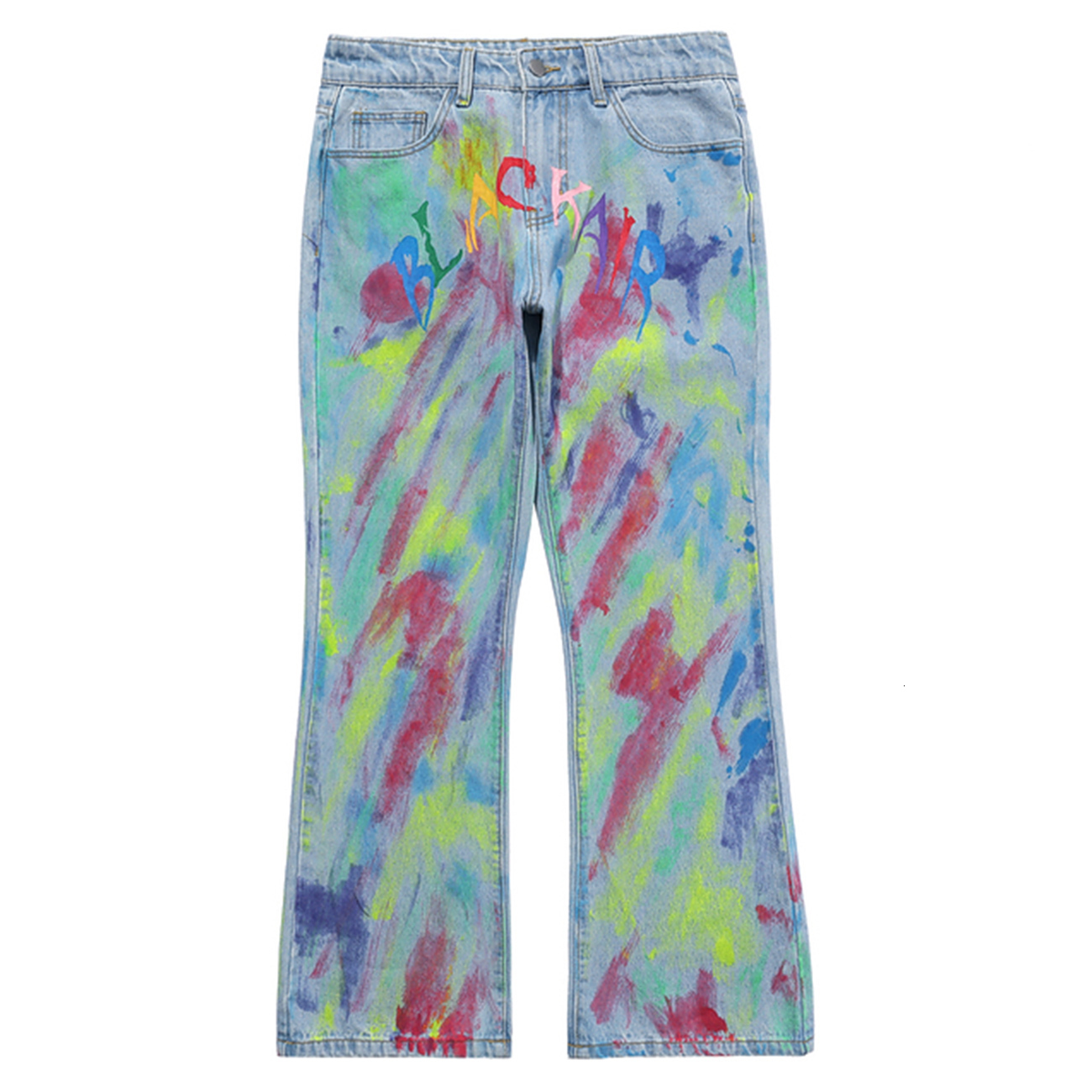 

New 2021 Retro Denim Jeans Hip Hop Sweatpants High Street Spray Paint Graffiti Streetwear Jogger Colorful Harajuku Men Loose Pants Xutq, Blue