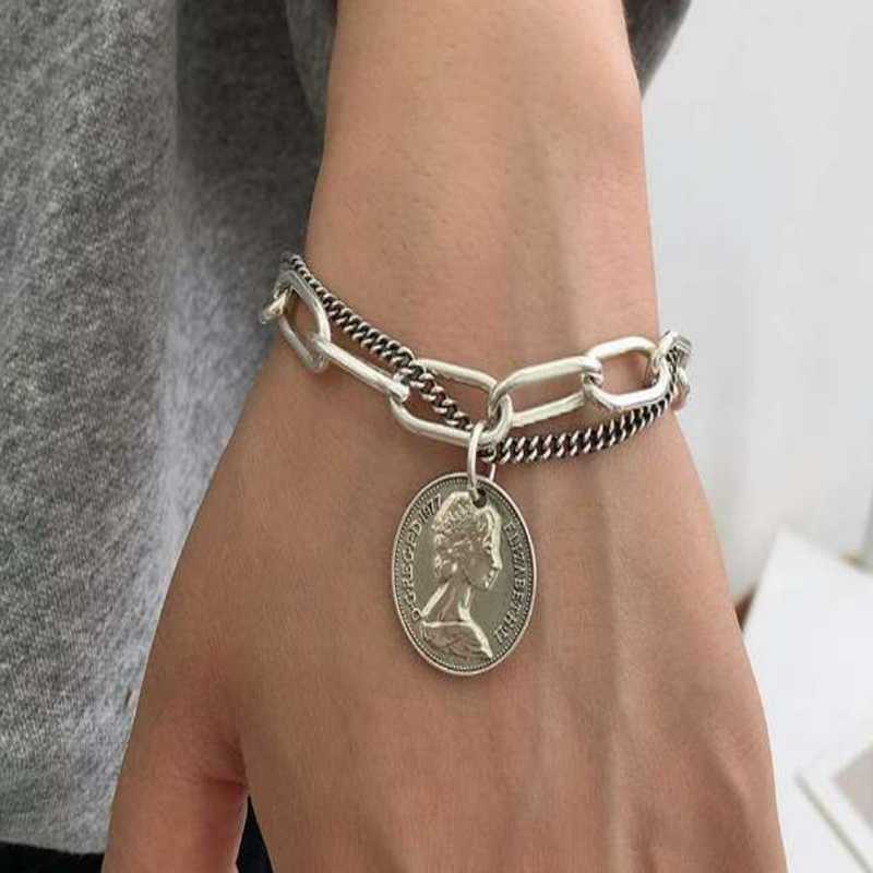 

Fashion Punk Bracelets Carved Coin Head Bracelet Bangle Bohemian Circle Queen Thick Chain Tassel Pendant Bracelet Women Jewelry