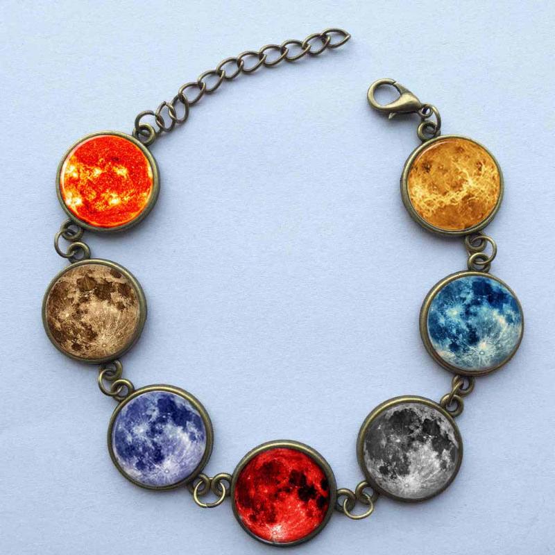 

1 pc New Design Solar system moon necklace planet universe galaxy necklace, antique brass glass dome necklace 7 little pendants
