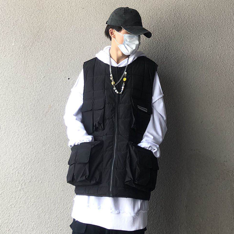 

2021 New Harajuku Pockets White Black Sleeveless Winter Thick Down Coat for Men v Neck Oversize Streetwear Windbreaker Casual Vest Yru8, Purple