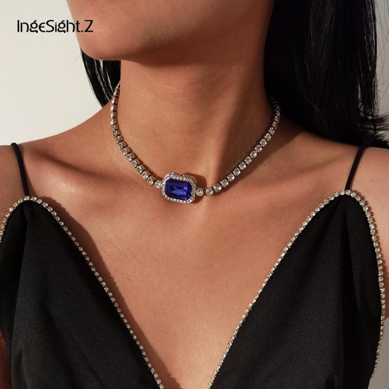 

IngeSight.Z Luxury Shiny Iced Out Rhinestone Geometric Square Choker Necklace Crystal Short Collar Clavicle Necklaces Jewelry