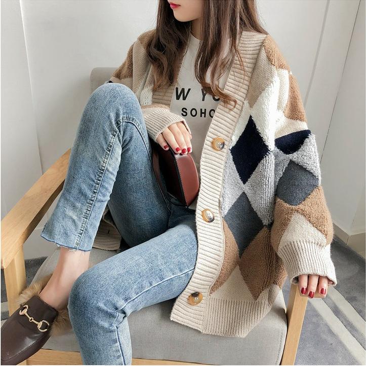 

2020 Women Sweaters Autumn Winter Casual Coat Ladies Plaid V-Neck Single Breasted Puff Sleeve Cardigans Mujer Pull Femme Sweater, Red