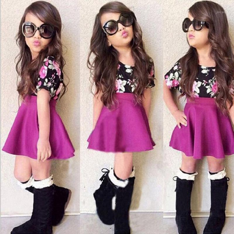 

Toddler Kids Baby Girls clothes set Summer Floral Print Tops+Solid Tutu Skirts Short Sleeve Top T-shirt Mini skirt Outfits Set1, Purple