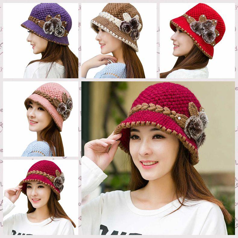 

Women Lady Winter Warm Casual Caps Female Beautiful Wool Crochet Knitted Flowers Decorated Ears Hats Bonnet Femme Hiver New