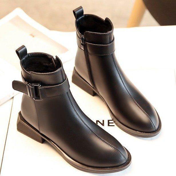 

Short boots women's shoes new boots 2020 British style thick heel plush cotton shoes short tube thin leather, Black