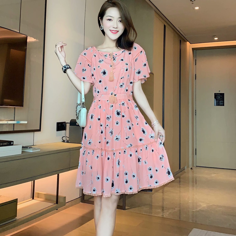 

Summer Retro-impression Sexy Hollow-print Elegant Short Sleeve Stylish Short-tempered Mini-dressed Women Dress in High Wr2b, Pink.