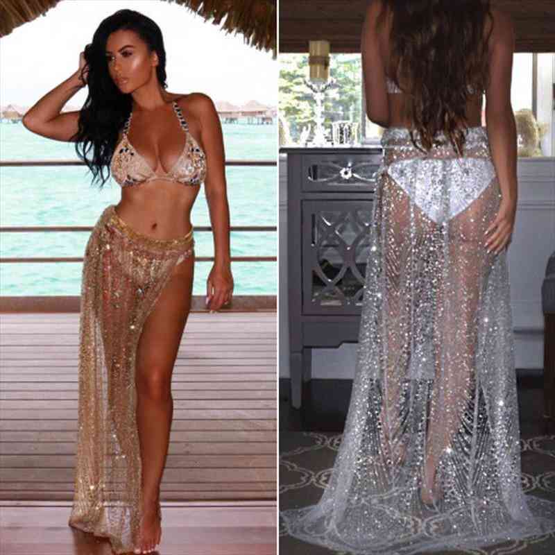 

summer beachwear rhinestone long sequin skirt loose side split mesh see through gold maxi glitter skirt sparkle female, Black