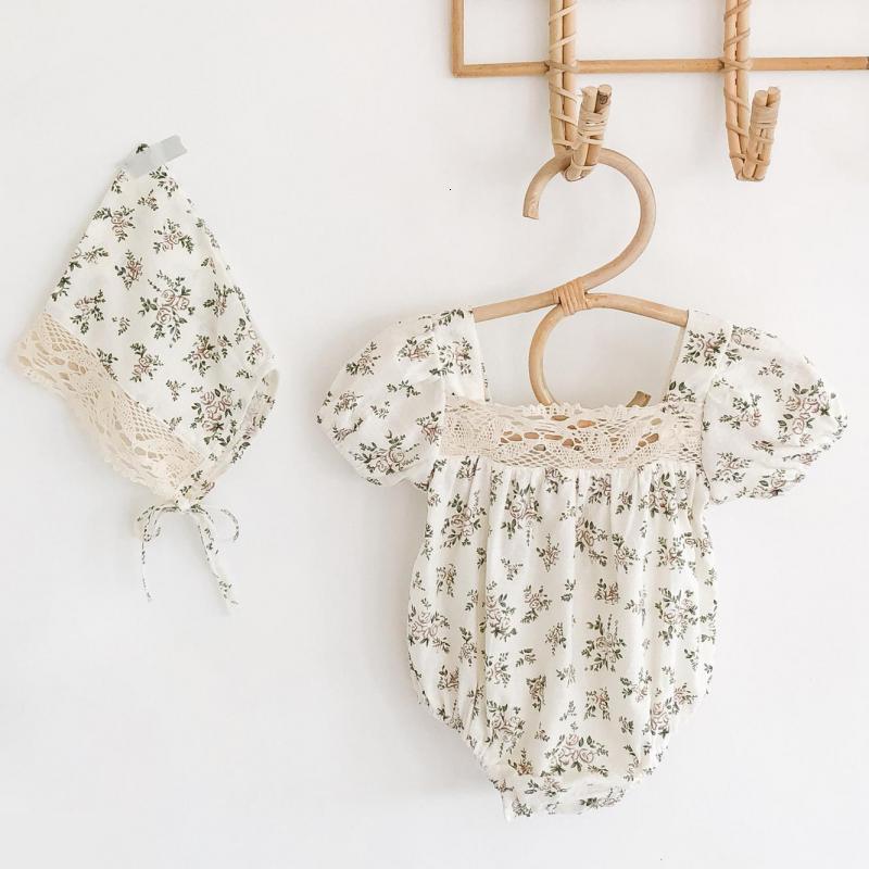 

2021 New Facejoyous Floral Bodysuit Summer Backless Short Sleeve Jumpsuit Baby Girl Flower Pattern Onesie with Hat Srkl, 92205