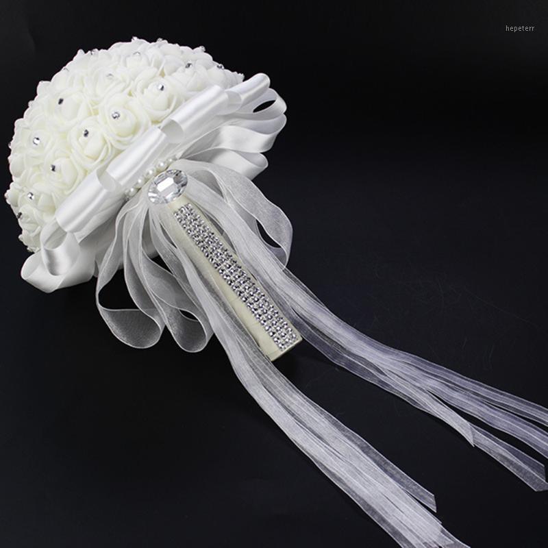 

Wedding bouquet Bride Bouquet Flower Rosr Satin with Crystal Brooch wedding Party Bridemaid de mariage1, Beige