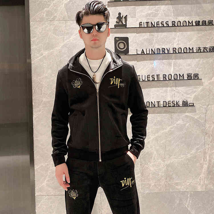 

Men's Tracksuits autumn and winter golden velvet sweater set two piece embroidered hooded Plush men's sportswear MBL2, 1# shoe box
