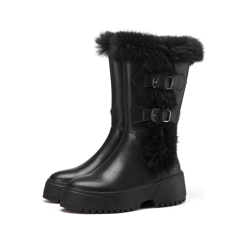 

Cow + rabbit skin stuffed leather Winter with side zipper boots NMO8, Black-winter