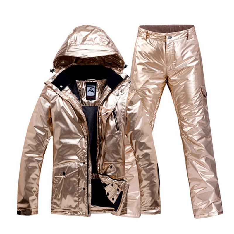 

Gold Ski Suit Men Women Snowsuit Couple Winter Outdoor Snowboard Clothing Waterproof Warm Thick Ski Jacket Pant Set