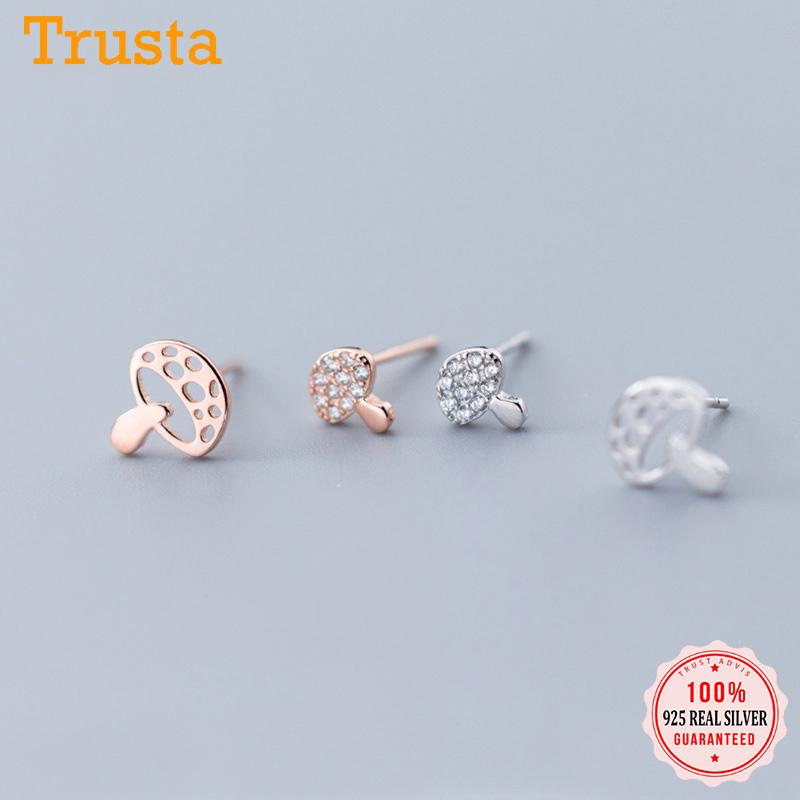 

Stud Trusta 100% 925 Solid Real Sterling Silver Jewelry Fashion Asymmetric Mushroom CZ Earring For Teens Daughter Girl DS1058