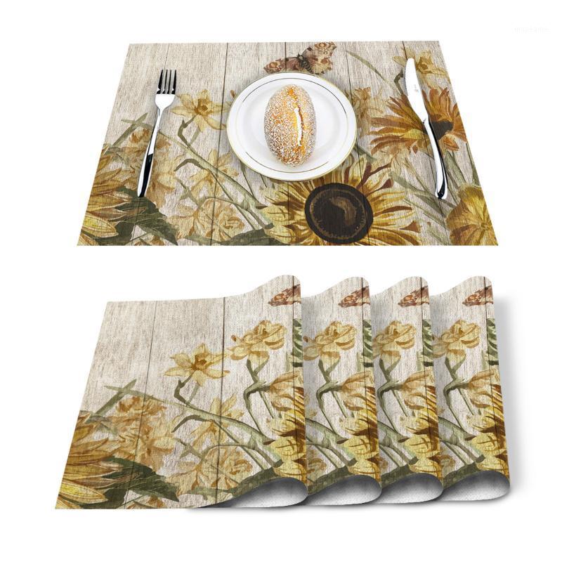

4/6 Pcs Placemat Table Mat Sunflower Rustic Garden Printed For Tables Heat-insulation Linen Cotton Kitchen Dining Pads Set1