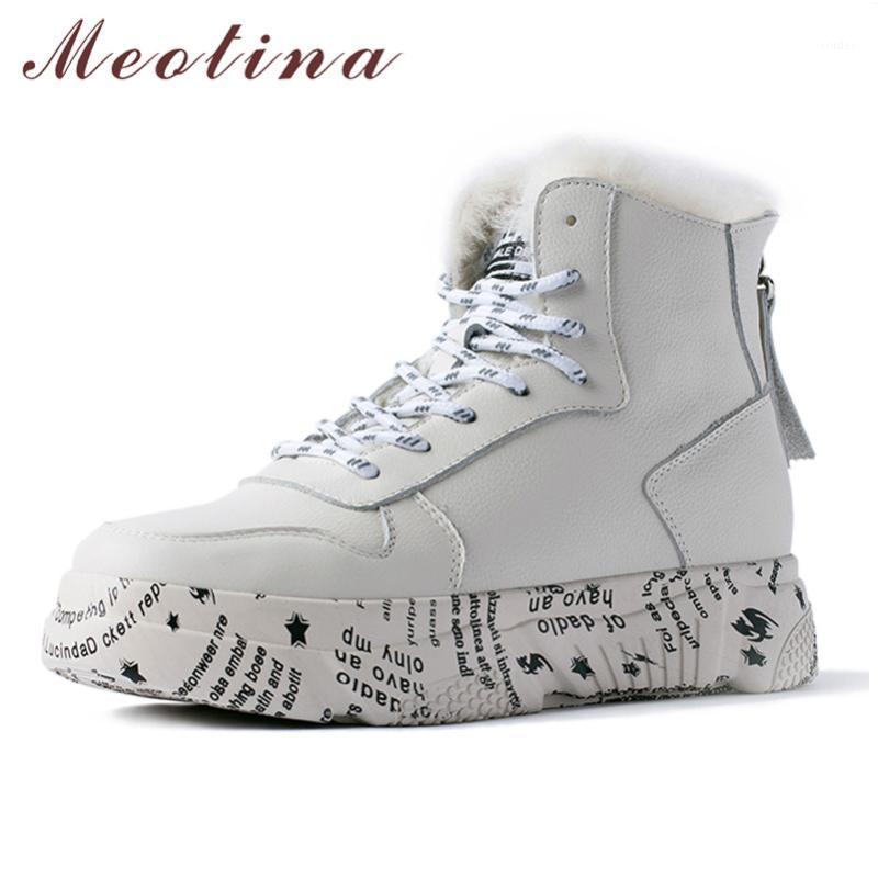 

Meotina Winter Warm Wool Snow Boots Women Natural Genuine Leather Flat Platform Ankle Boots Zipper Round Toe Shoes Female 35-401, Beige