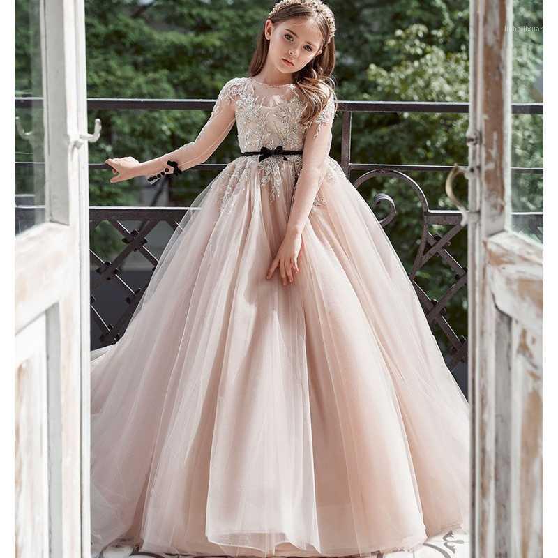 

2021 Ball Flower Girl Dresses For Wedding Lace Beaded A Line Kids Pageant Gowns Long Sleeves First Communion Dress1, Red