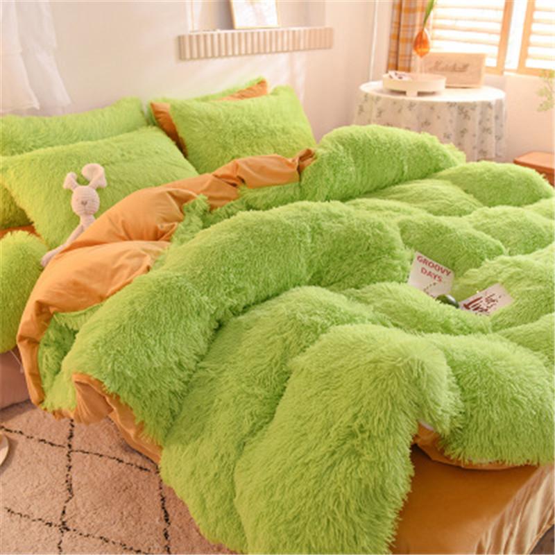 

2020 Luxury Long Plush Soft Velvet Duvet Cover AB Side 4pcs Quilt Cover Sheet Pillowcase Bedding Solid Color, Green
