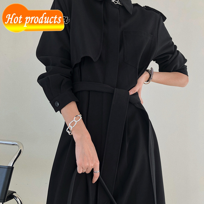 

Russian casual autumn loose coat with simple long classic trench femme vintage overcoats jacket outwear FMA2, Black