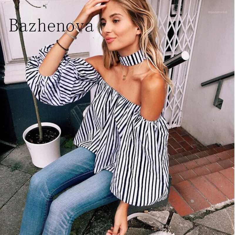 

Bazhenova Women Summer Striped Blouse Girls One-line Collar Lantern Sleeve Striped Shirts Off-shoulder Shirt For Woman R6701, Black