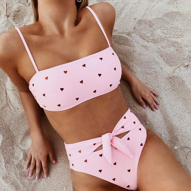 

2 Piece Bandage Swimsuit Bikini Push Up Swimwear Women High Waisted Girls Bathing Suit Tankini Swimsuits Women Biquini Y200319, Pink