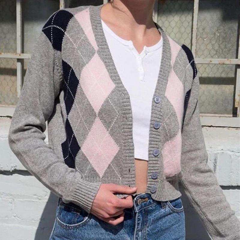 

2020 Argyle Plaid Knitted Cardigan Sweater Women V Neck Long Sleeve Autumn 90s Knitwear England Preppy Style Sweater Blouse, Gray