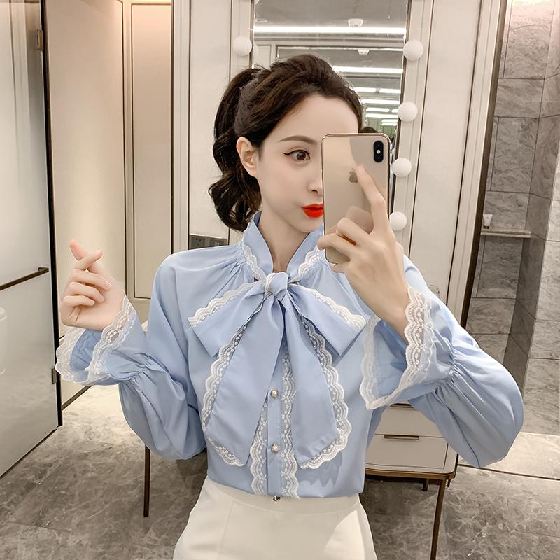 

Lolita Bowknot Shirt For Women Stand Collar Party Long Sleeve Ruffle Shirts Blouse Female Lace Summer Fashion Winter Autumn, Blue